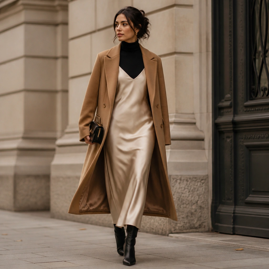 A champagne satin slip dress worn over a fitted black turtleneck, layered under a long camel wool overcoat; sleek heeled boots and a small structured clutch are shown.