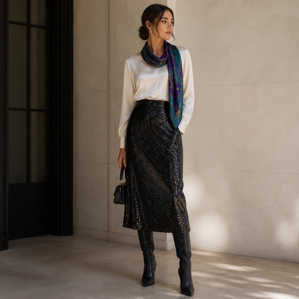 A black sequin midi skirt paired with a ivory satin long-sleeve blouse; a jewel-toned scarf is draped at the neck; tall heeled boots and a mini bag are included.