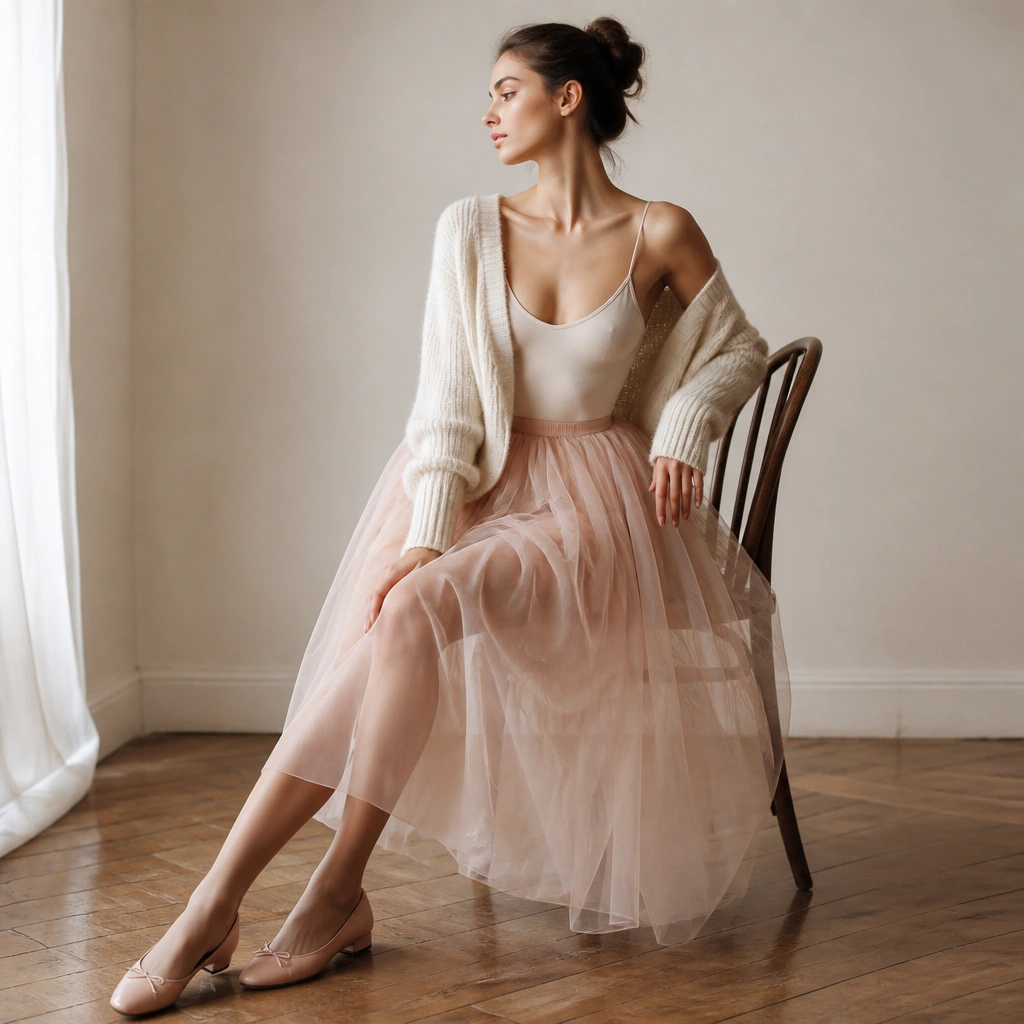 A soft blush tulle midi skirt layered over a sleek fitted bodysuit; a cream knit cardigan sits on top; sheer tights and ballet flats with a small heel are visible.