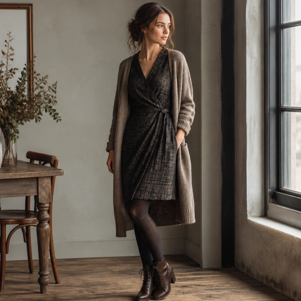 A dark plaid wrap dress with a defined waist tied at the side, layered with a long taupe cardigan; thick tights and heeled lace-up boots are shown.