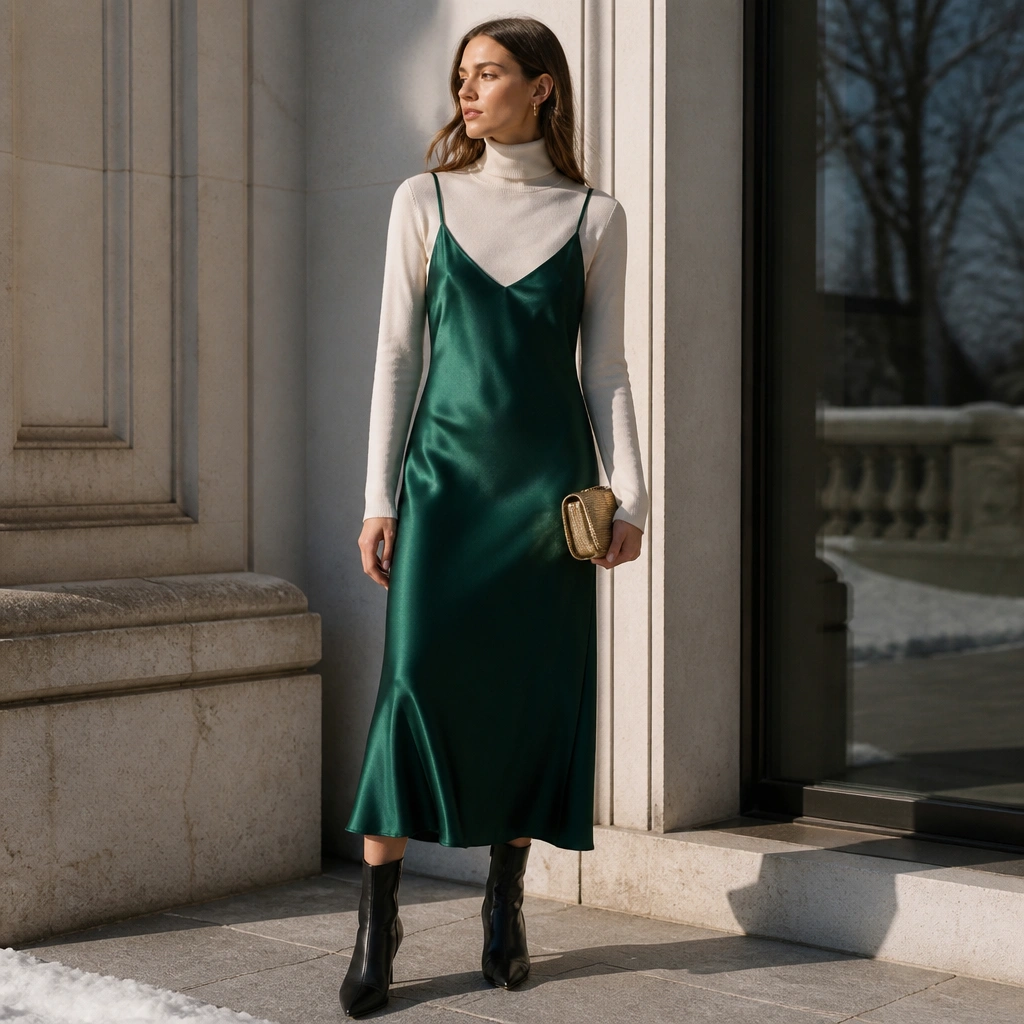 A model wearing a deep emerald satin slip midi dress with thin straps over a cream turtleneck, paired with sleek black pointed-toe ankle boots and a small gold clutch. The scene shows winter light and a soft satin sheen.