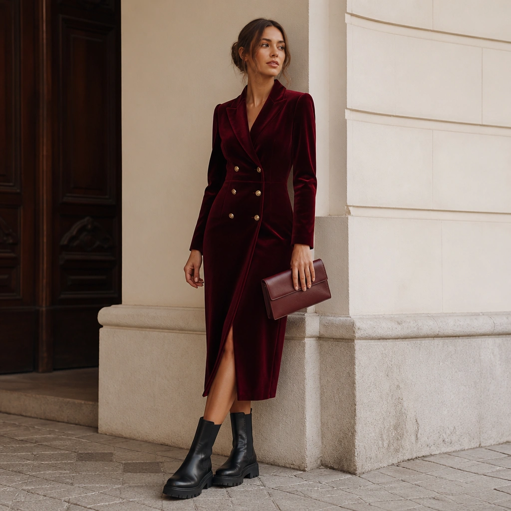 A burgundy velvet blazer-style midi dress with gold buttons, paired with black chunky Chelsea boots. The image includes a structured collar and a clutch bag in dark red.
