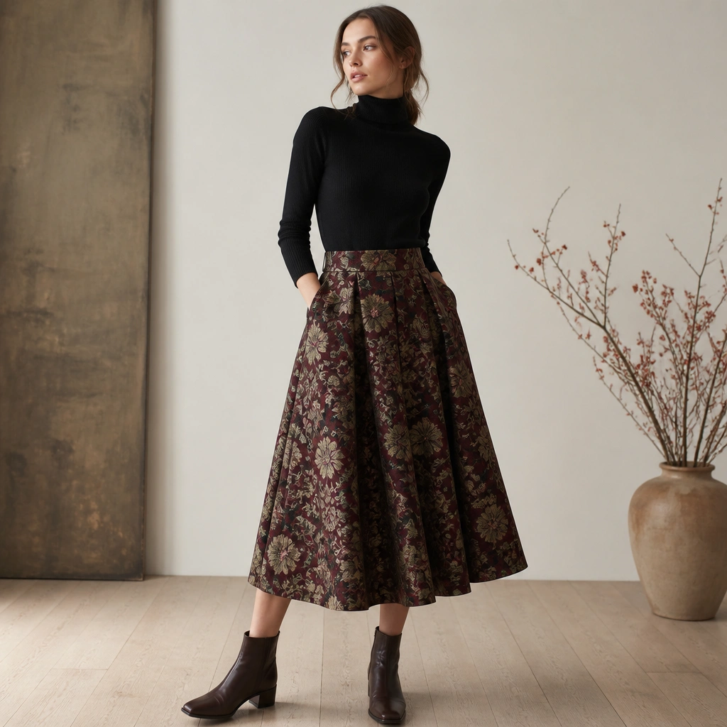 A model wearing a mid-length jacquard floral skirt in muted wine and olive tones, paired with a fitted black turtleneck and dark brown ankle boots with a low heel.