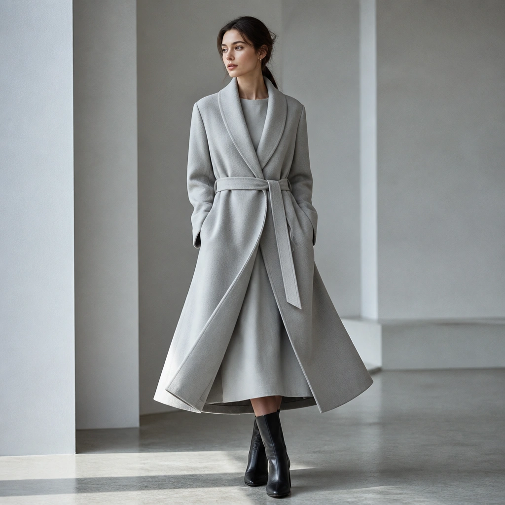 A model shown in a long ice-gray wrap coat over a light gray midi dress, wearing black heeled boots. The image focuses on the layered silhouette with a structured belt.