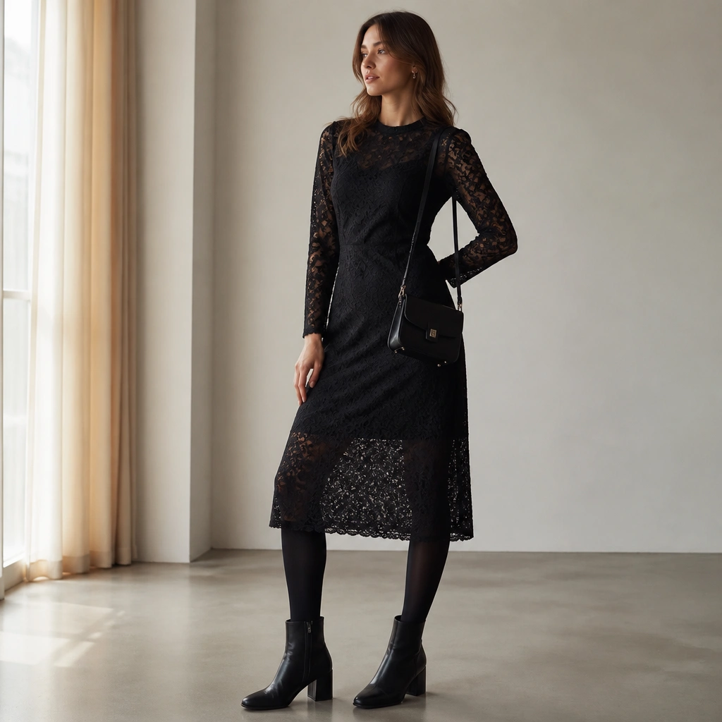 A model wearing a black lace midi dress with long sleeves, styled with opaque black tights and black block-heel ankle boots. A small structured handbag sits at the hip.