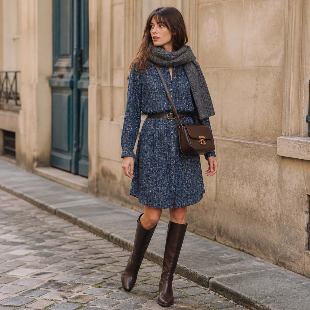 A model wearing a patterned or solid shirt dress with a belt at the waist, paired with dark knee-high boots. The look includes a knitted scarf and a structured crossbody bag.
