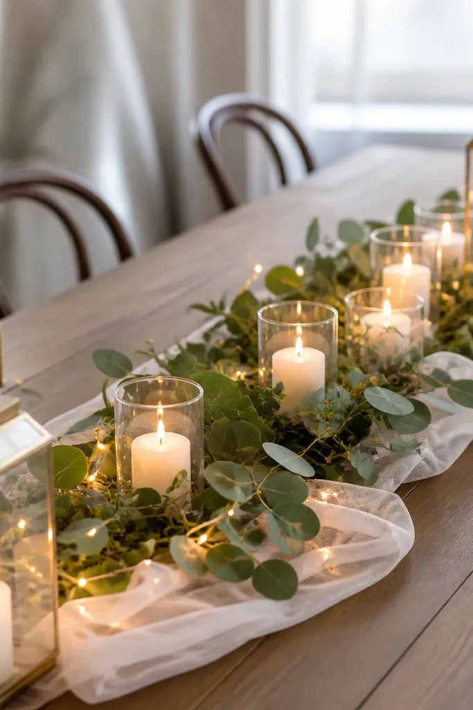 A long table runner made of greenery and thin fabric panels, with two glass lanterns on each end and warm fairy lights tucked along the runner. Pillar candles sit inside clear glass votive cups, glowing softly.