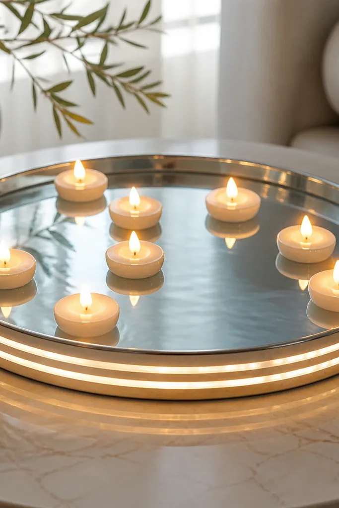 A round mirror tray holding a shallow pool of water with several floating LED candles. Around the tray edge are thin lighted rings that glow softly, reflecting across the mirror.