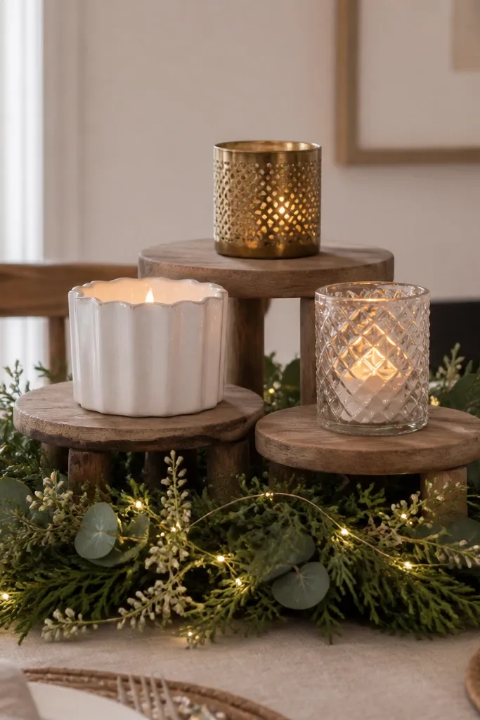 Three small wood risers stacked at different heights on a dining table. On each level sits a different candle holder (white ceramic, clear glass, and brass), while micro lights are woven through the base greenery.