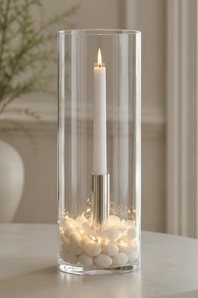 A tall, clear glass vase filled with white stones at the bottom. Warm LED fairy lights wrap inside near the base, and a long stem candle sits in a candle sleeve or holder centered in the vase.