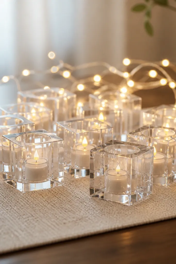 Multiple clear acrylic holders arranged in a tight cluster on a table runner. Each holds a tealight-style LED candle, and warm string lights create soft light trails behind them.