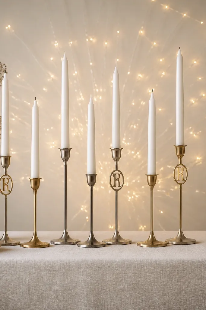 A neutral linen tablecloth with a row of slim candle holders. A few holders have monogram accents, and starburst-style fairy lights radiate behind them like a soft halo.