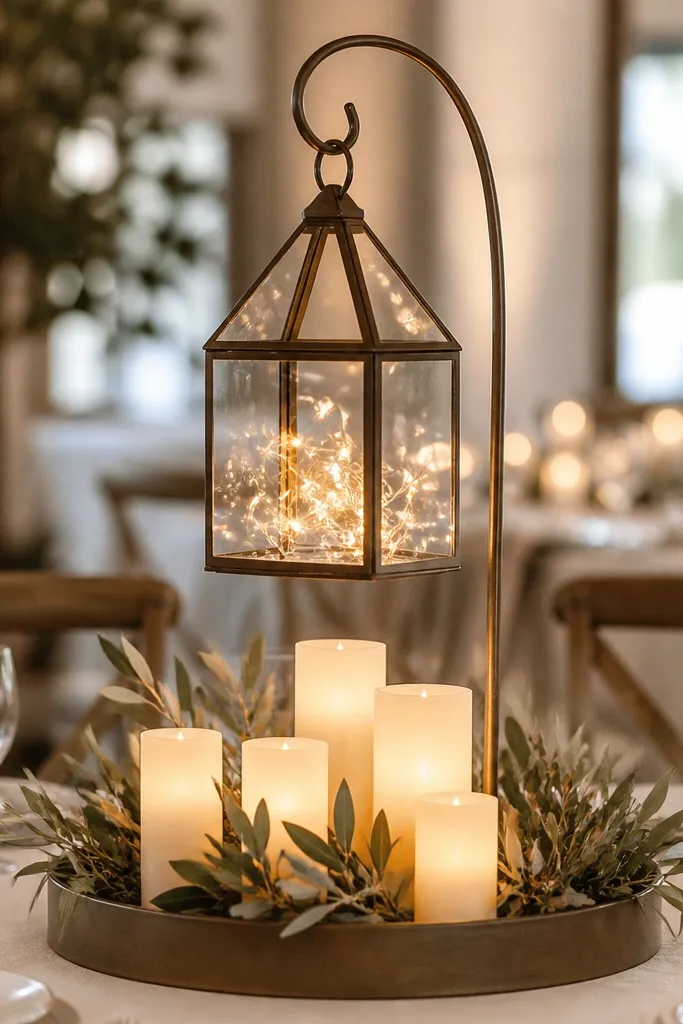 A centerpiece that includes a small lantern-like frame hanging slightly above the table, with warm lights glowing inside. Below it, a group of LED candles sits on a low base tray.