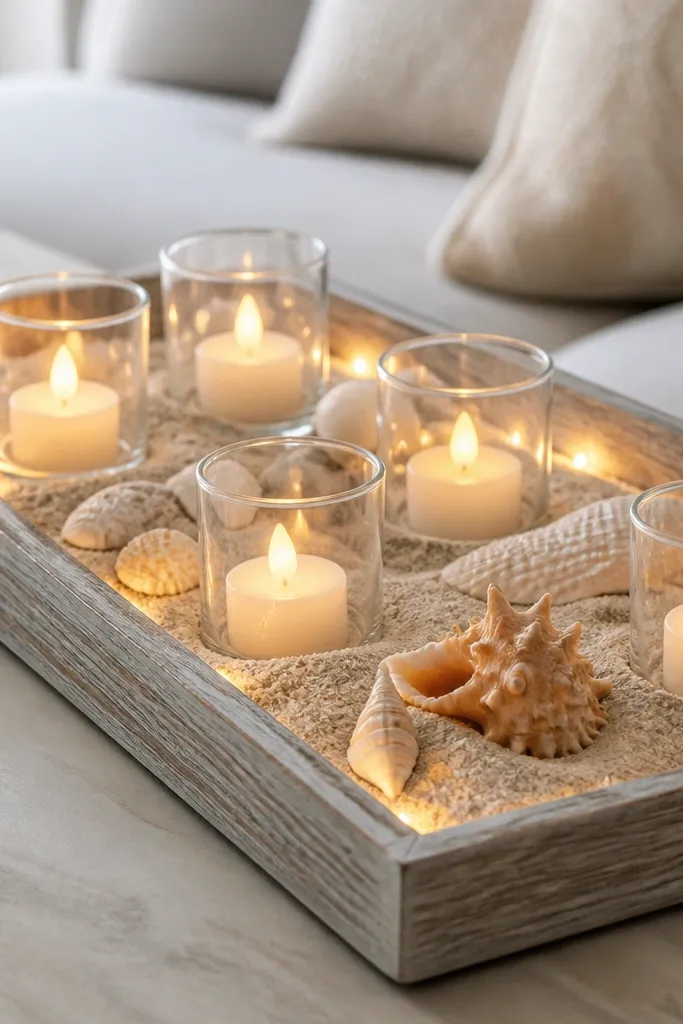 A rectangular tray filled with faux sand and seashell accents. Several small glass cups hold LED candles, and warm lights are tucked along the tray edges, glowing against the sand.