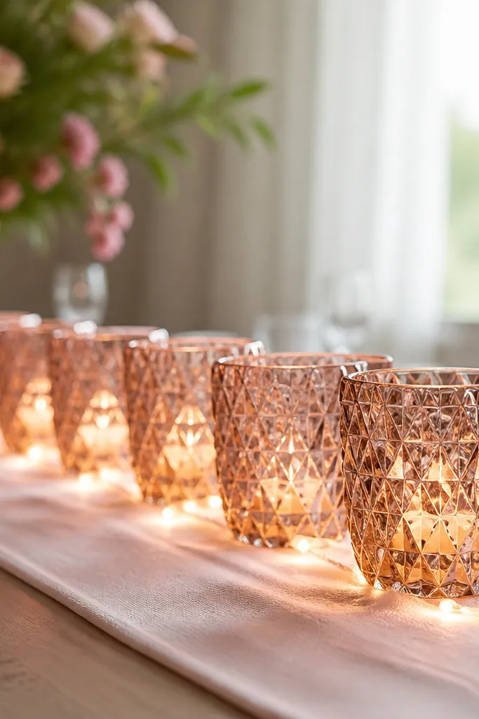 A row of rose-gold cut glass votive holders on a table runner. Ribbon-style LED lights are tucked along the sides of the runner, creating a side-glow effect that lights up the glass edges.