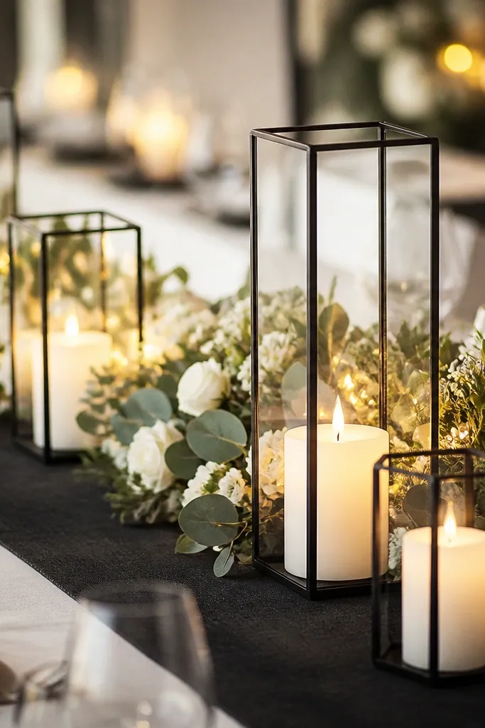 A black table runner with candle cages (metal frames) holding LED candles. Warm fairy lights are placed behind low florals so the background glows while the front remains crisp.