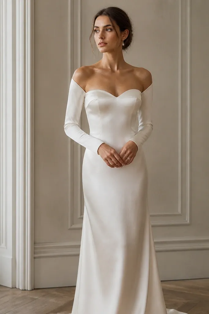 A champagne satin long sleeve wedding dress with a sweetheart neckline, fitted wrist-length sleeves, and a smooth, close-to-body bodice. The skirt falls in soft, straight drape from the waist.