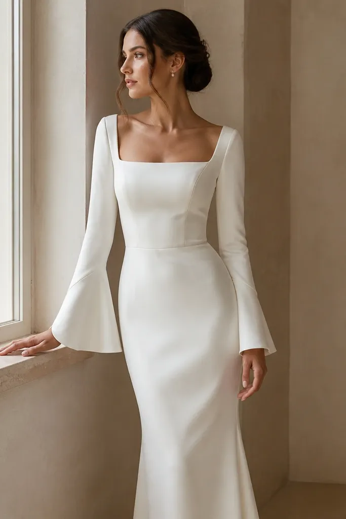 An ivory satin square-neck wedding dress featuring long sleeves with a subtle flare at the forearm. The bodice is structured, and the skirt is a clean column silhouette.