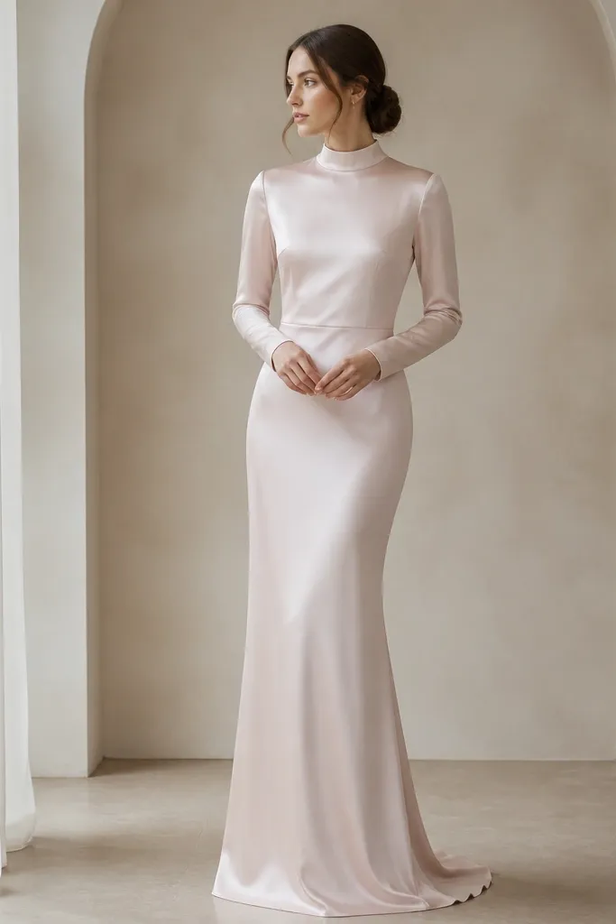 A blush satin wedding dress with a mock neck and long tapered sleeves. The fabric has a soft sheen, and the skirt is fitted through the hips before falling straight.