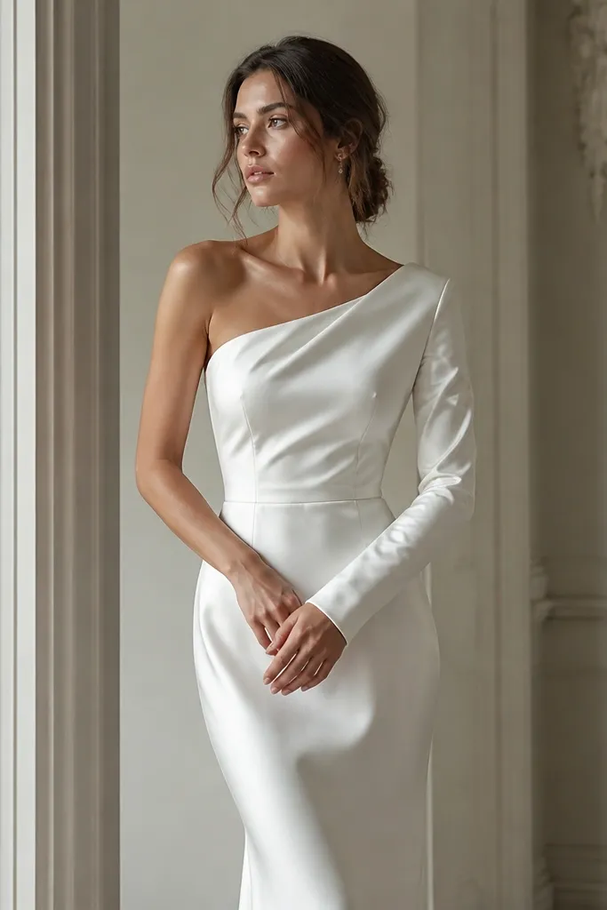 A classic white satin dress with an off-shoulder look that reveals one shoulder while the other side features a structured long sleeve. The bodice is smooth with a clean waistline.