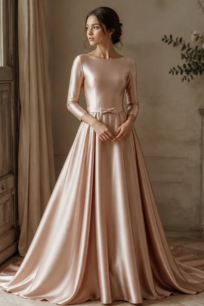 A rose gold satin wedding dress with a long sleeve bodice and a small, satin bow tie at the waist. The skirt falls in gentle, reflective folds.