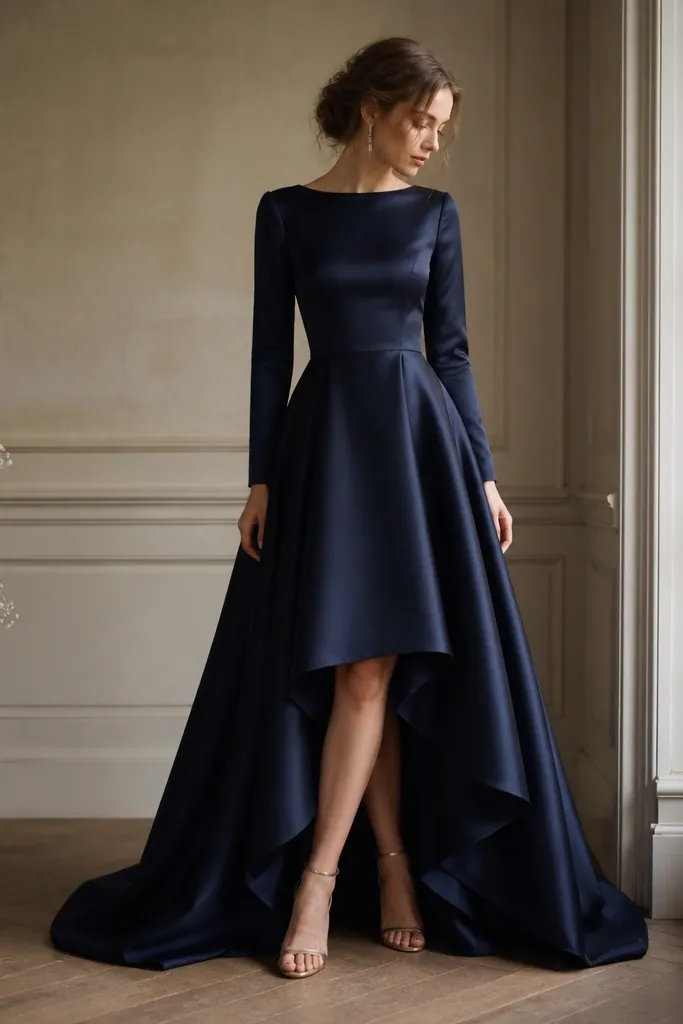 A midnight navy satin wedding dress with long sleeves and a high-low hem. The front hem is shorter, showing the satin texture, while the back drapes longer.