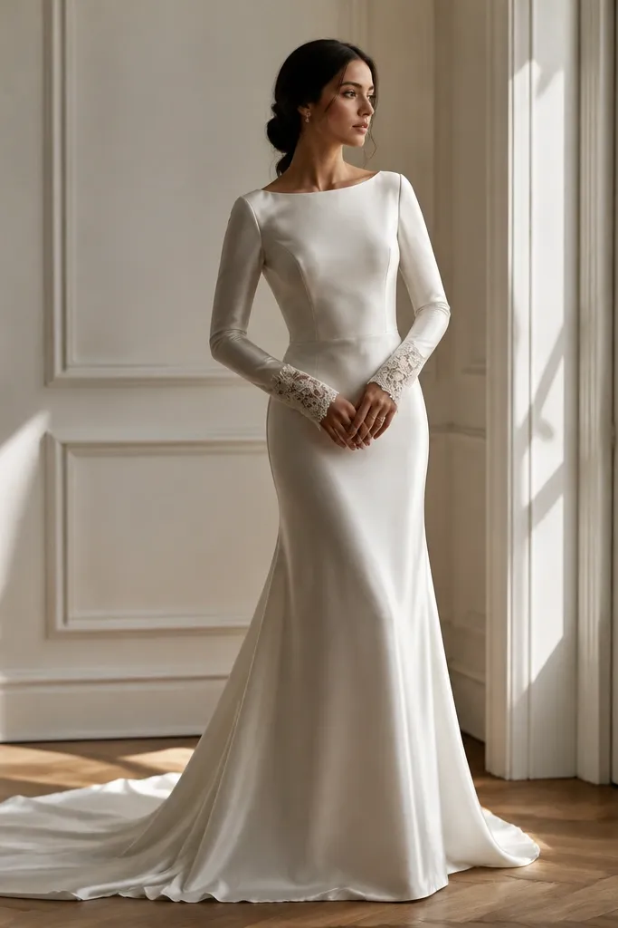A pearl-white satin long sleeve wedding dress with lace-trim cuffs at the wrists. The bodice is smooth, and the skirt drapes in a simple, elegant line.