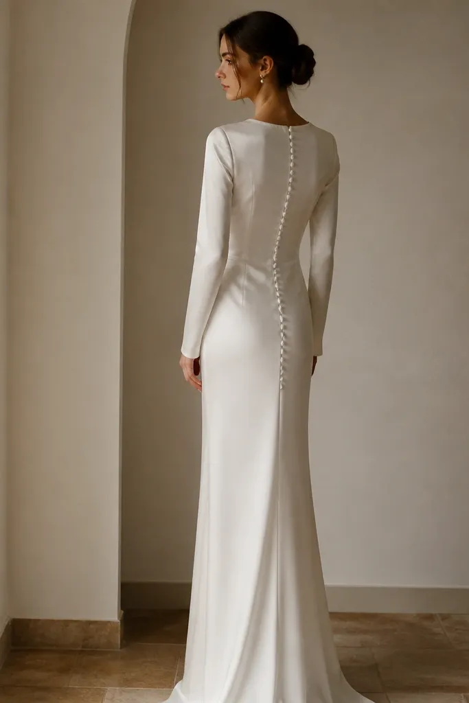 An ivory satin long sleeve wedding dress in a fitted column shape with visible back buttons running down the center back. The sleeves are smooth and straight from shoulder to wrist.