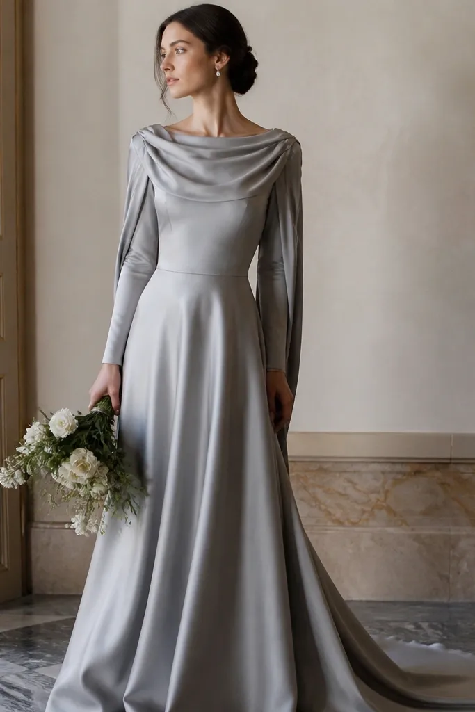 A silver-gray satin wedding dress with long sleeves and draped shoulder panels that create soft folds near the neckline. The skirt is smooth with a subtle sheen.