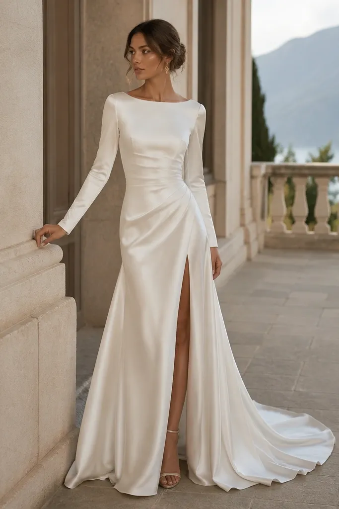 An ivory satin wedding dress with long sleeves and a subtle side slit. The bodice is fitted, and the skirt flows with a soft, glossy finish.