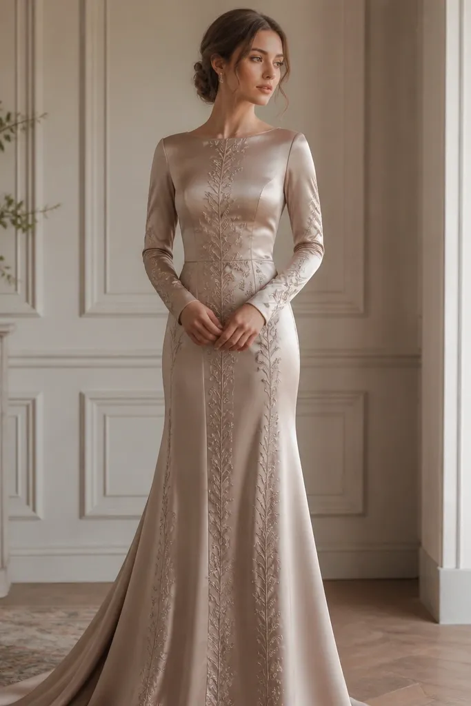A warm taupe satin wedding dress with long sleeves and subtle embroidered vertical motifs running down the bodice and skirt. The fabric sheen is visible, and the silhouette is sleek.