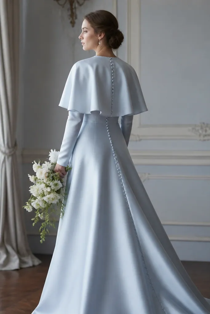 An ice-blue satin wedding dress with long sleeves and a detachable capelet over the shoulders. The capelet has a smooth satin finish and drapes lightly over the upper back.
